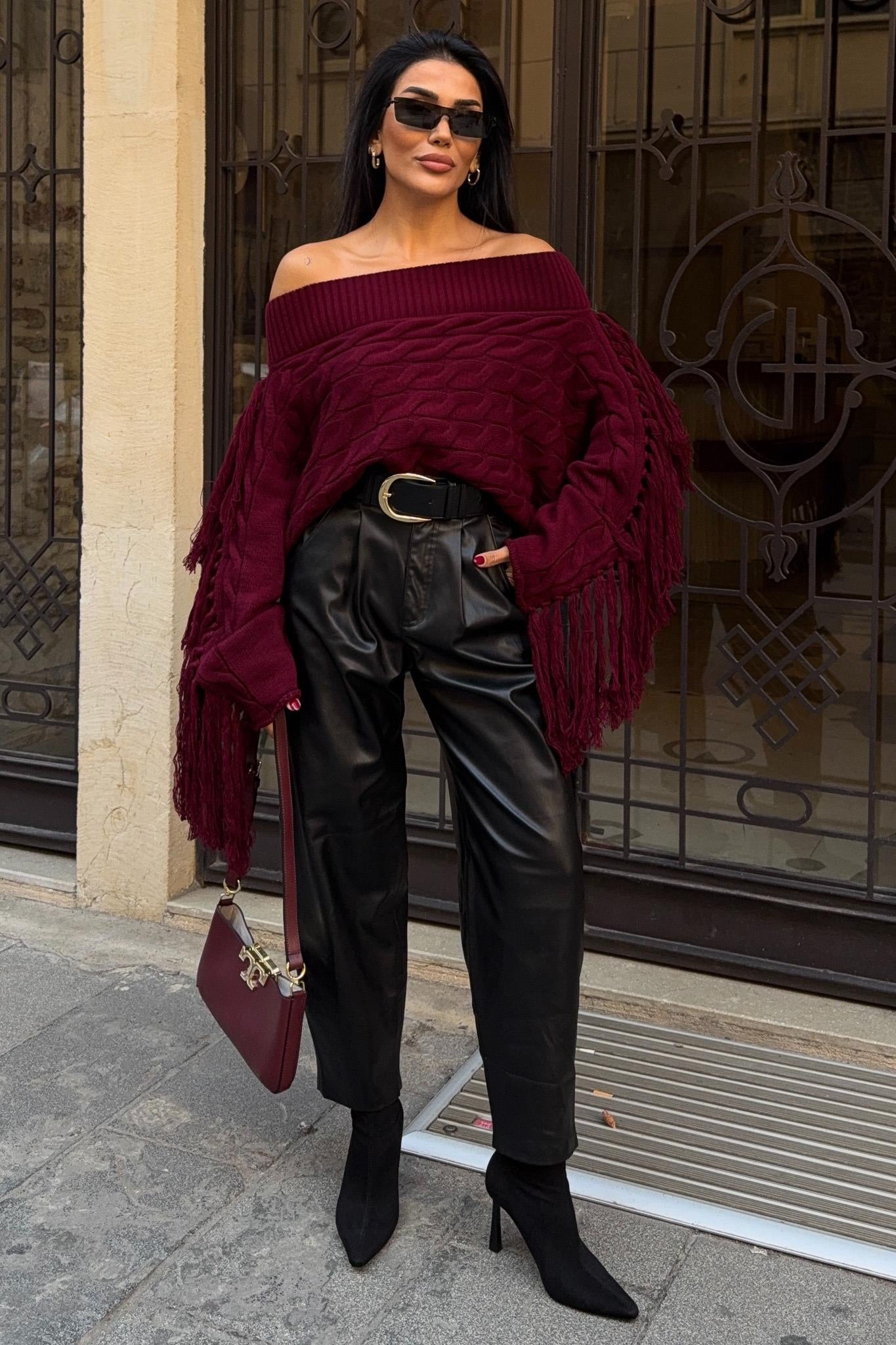 Aidan Off-Shoulder Fringe Knit Sweater – Oversized Cable Texture Chic Pullover