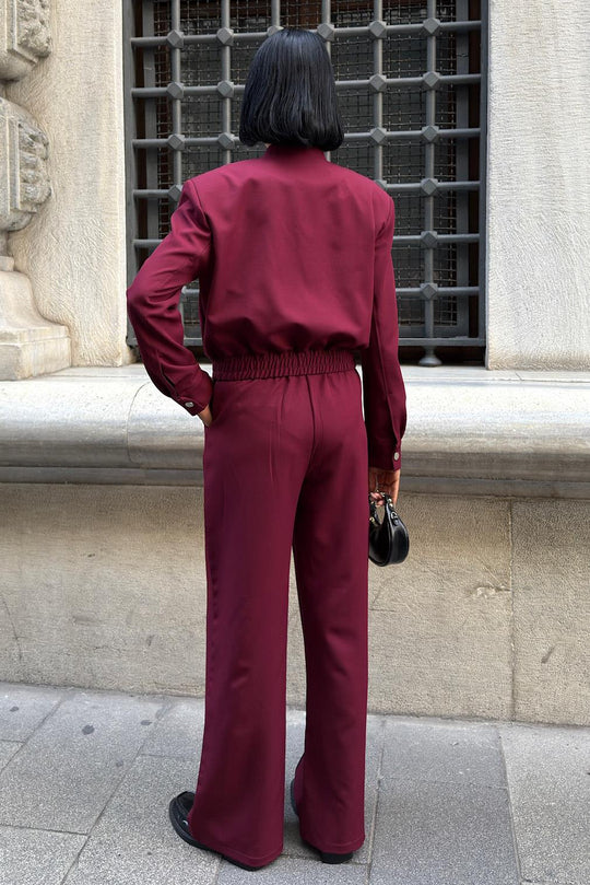 Elegant Wine Red Two-Piece Suit – Double Fabric Long Sleeve Bomber Jacket & Wide-Leg Pants Set