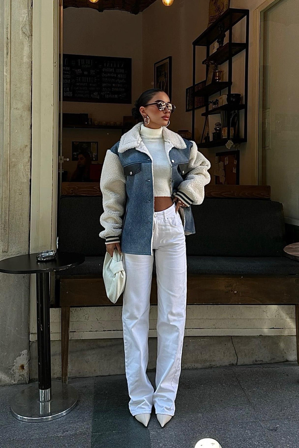 Denim & Sherpa Panel Bomber Jacket – Cozy Street Chic Contrast Design