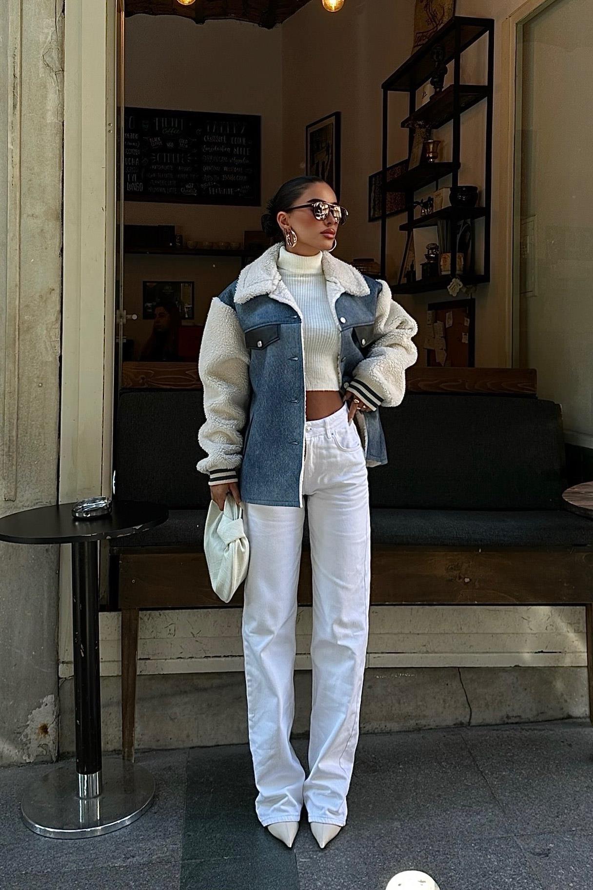 Denim & Sherpa Panel Bomber Jacket – Cozy Street Chic Contrast Design