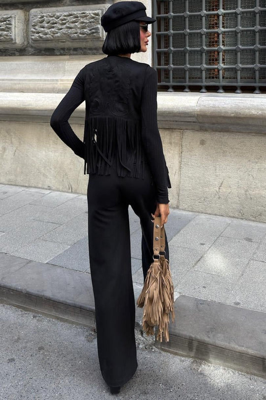 Fringe Detail Suede Vest & Pants Set – Boho Western Chic Outfit