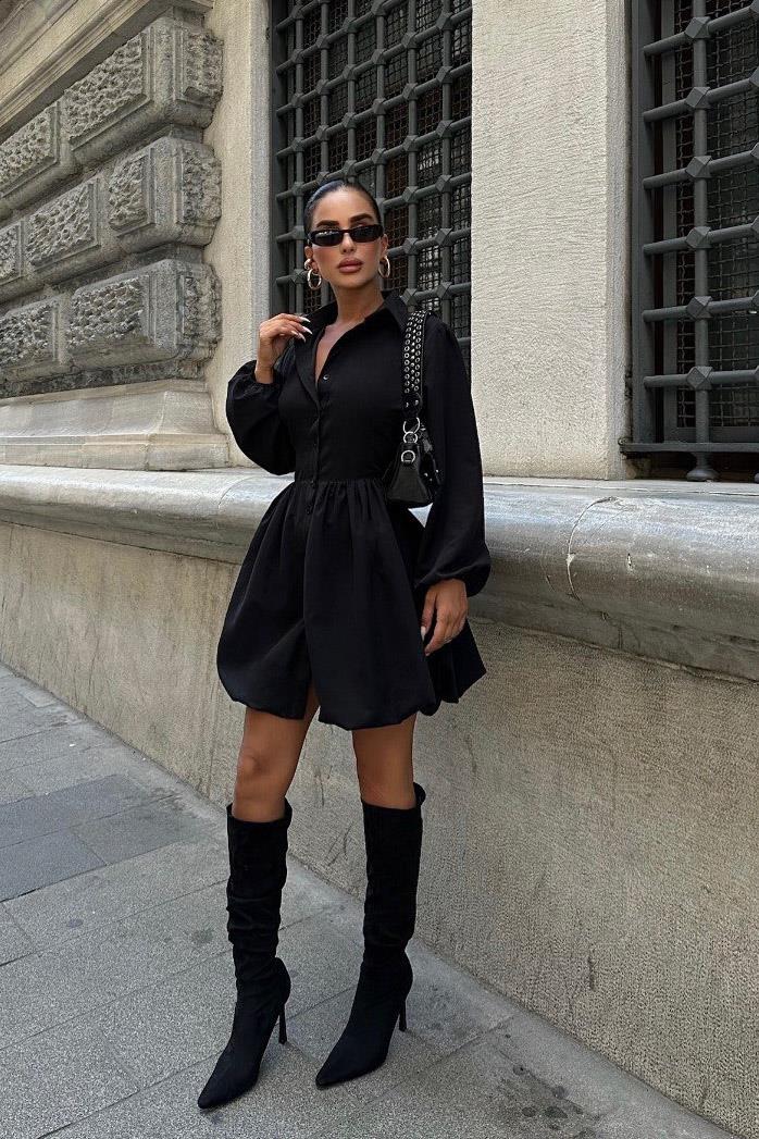 Pleated Button-Up Mini Dress – Long Sleeve Casual A-Line Dress