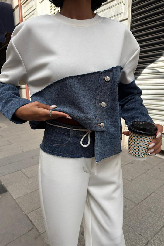 Denim Detailed Two-Tone Modal Sweatshirt & Wide-Leg Pants Set