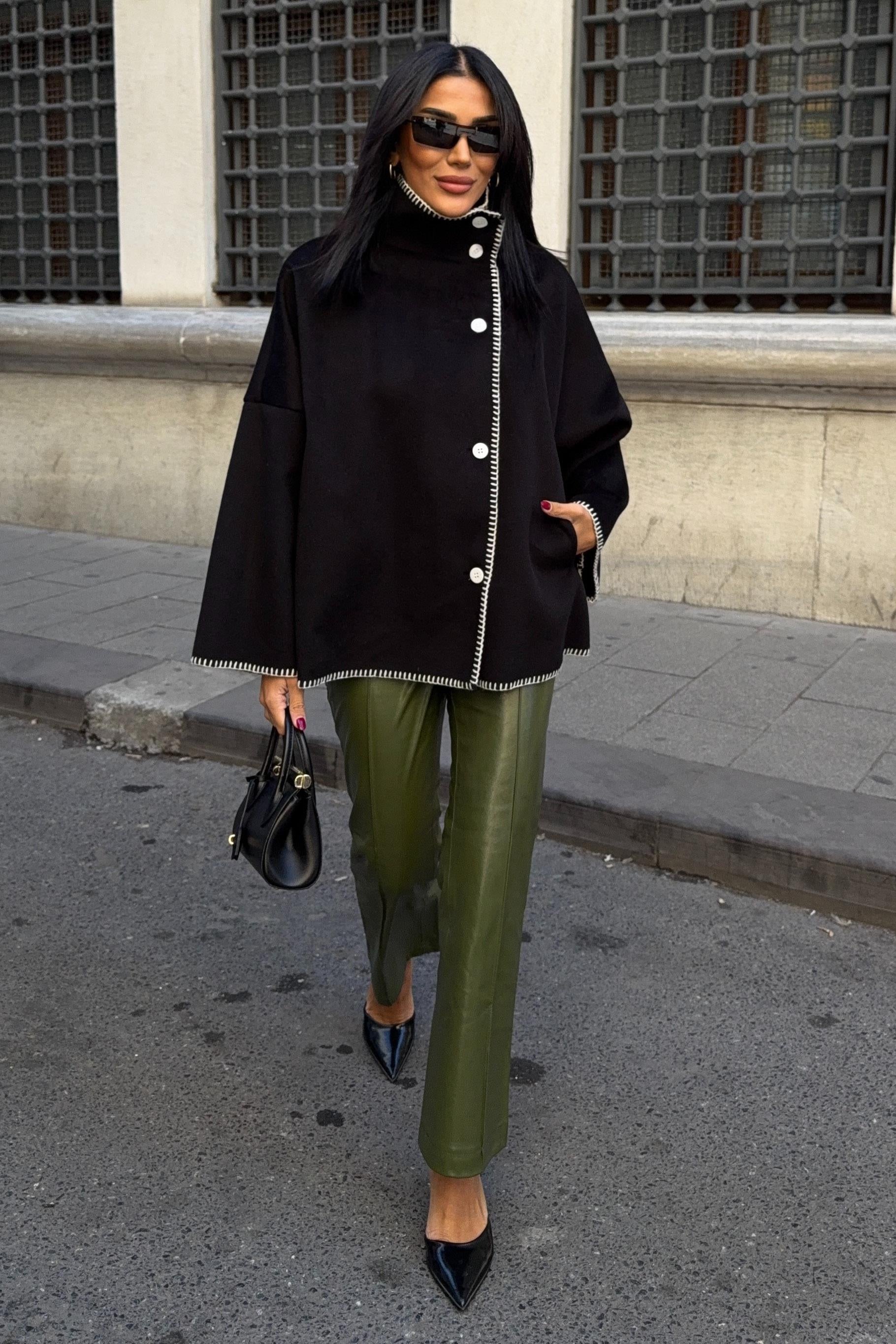 High-Neck Wool Blend Coat with Contrast Stitch Detail – Elegant Midi Length