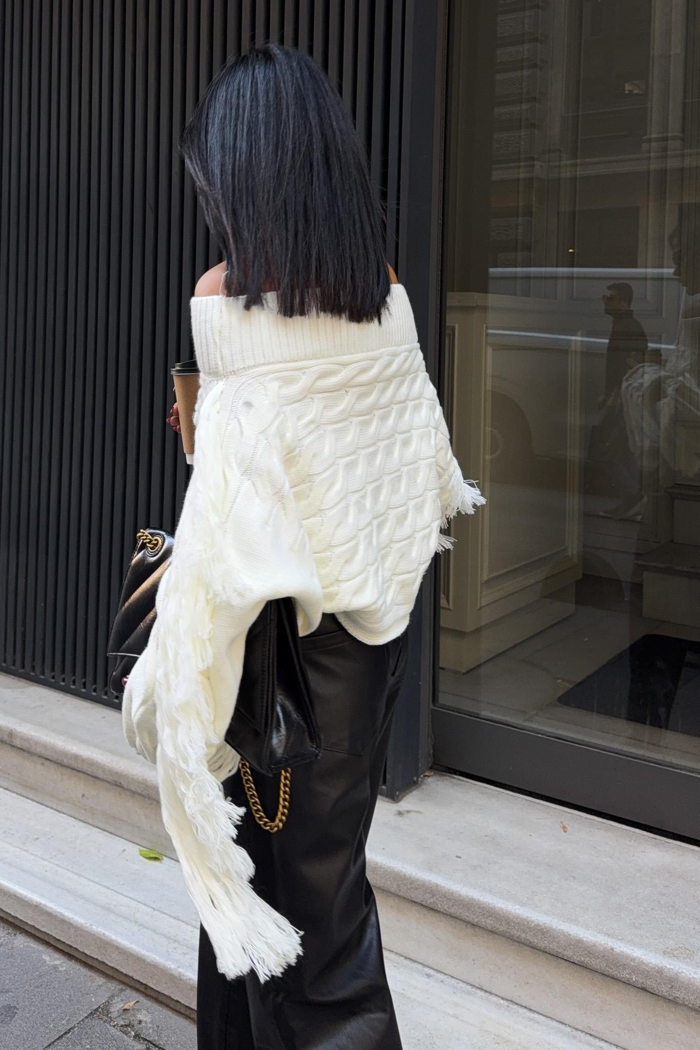 Aidan Off-Shoulder Fringe Knit Sweater – Oversized Cable Texture Chic Pullover