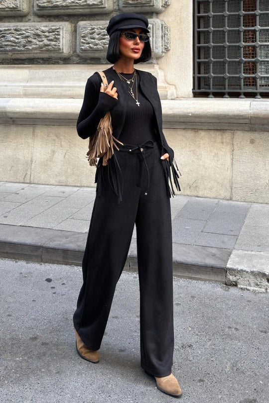 Fringe Detail Suede Vest & Pants Set – Boho Western Chic Outfit