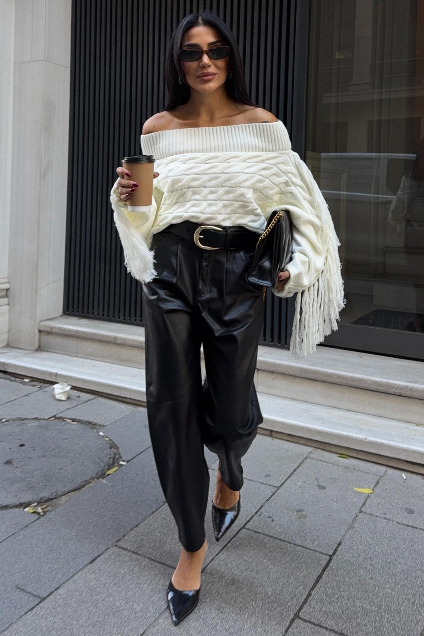 Aidan Off-Shoulder Fringe Knit Sweater – Oversized Cable Texture Chic Pullover