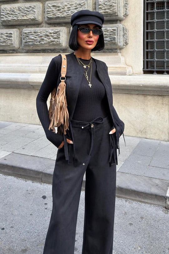 Fringe Detail Suede Vest & Pants Set – Boho Western Chic Outfit