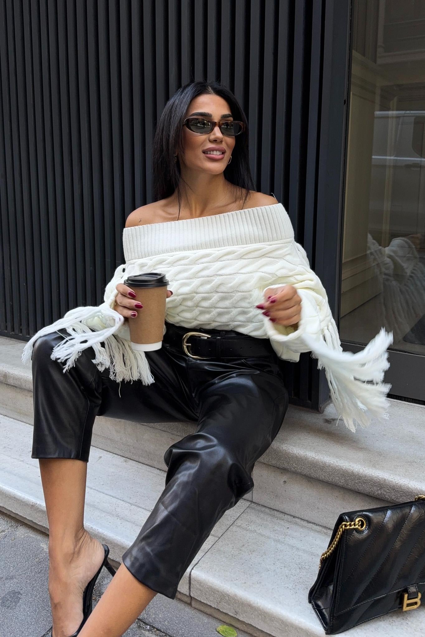 Aidan Off-Shoulder Fringe Knit Sweater – Oversized Cable Texture Chic Pullover