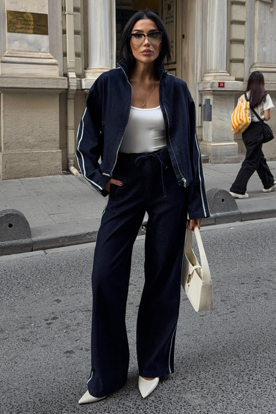 Denim Stripe Jacket & Pants Set – Premium Casual Street Style