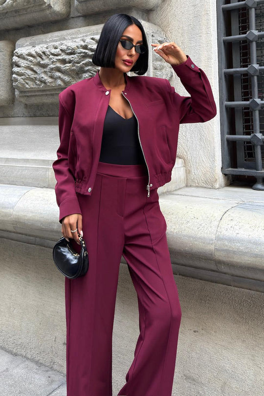 Elegant Wine Red Two-Piece Suit – Double Fabric Long Sleeve Bomber Jacket & Wide-Leg Pants Set