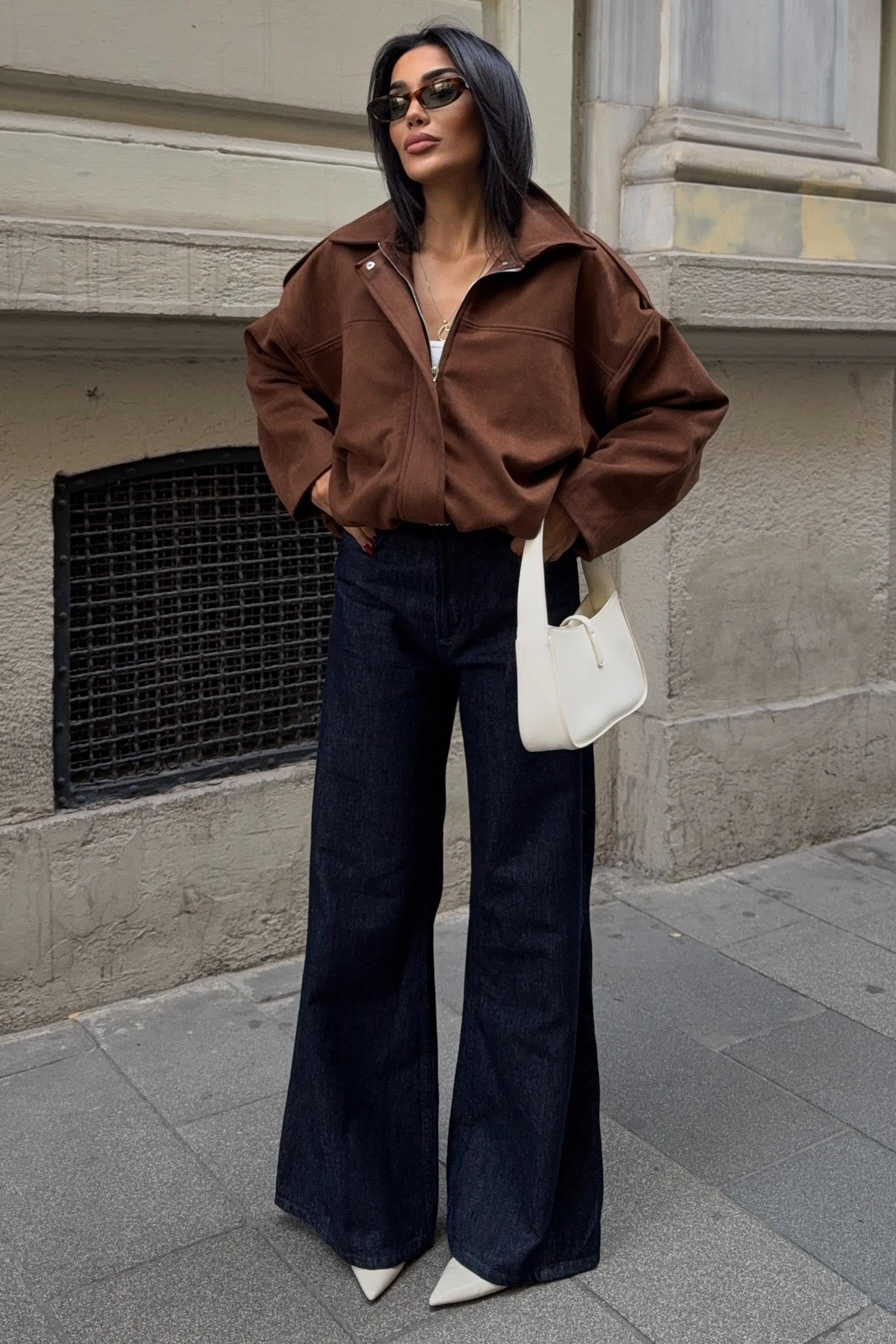 Premium Suede Bomber Jacket – Oversized Short Jacket for Women