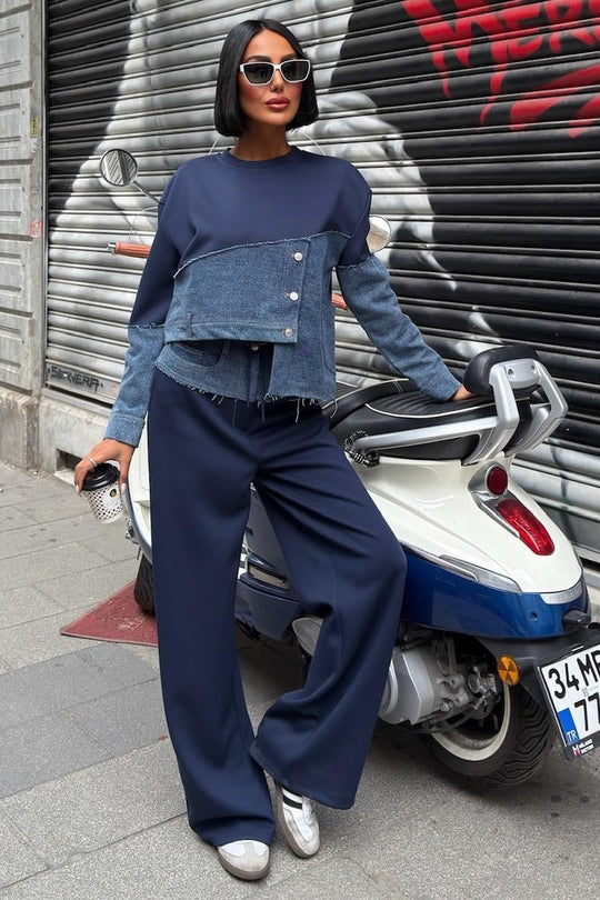 Denim Detailed Two-Tone Modal Sweatshirt & Wide-Leg Pants Set