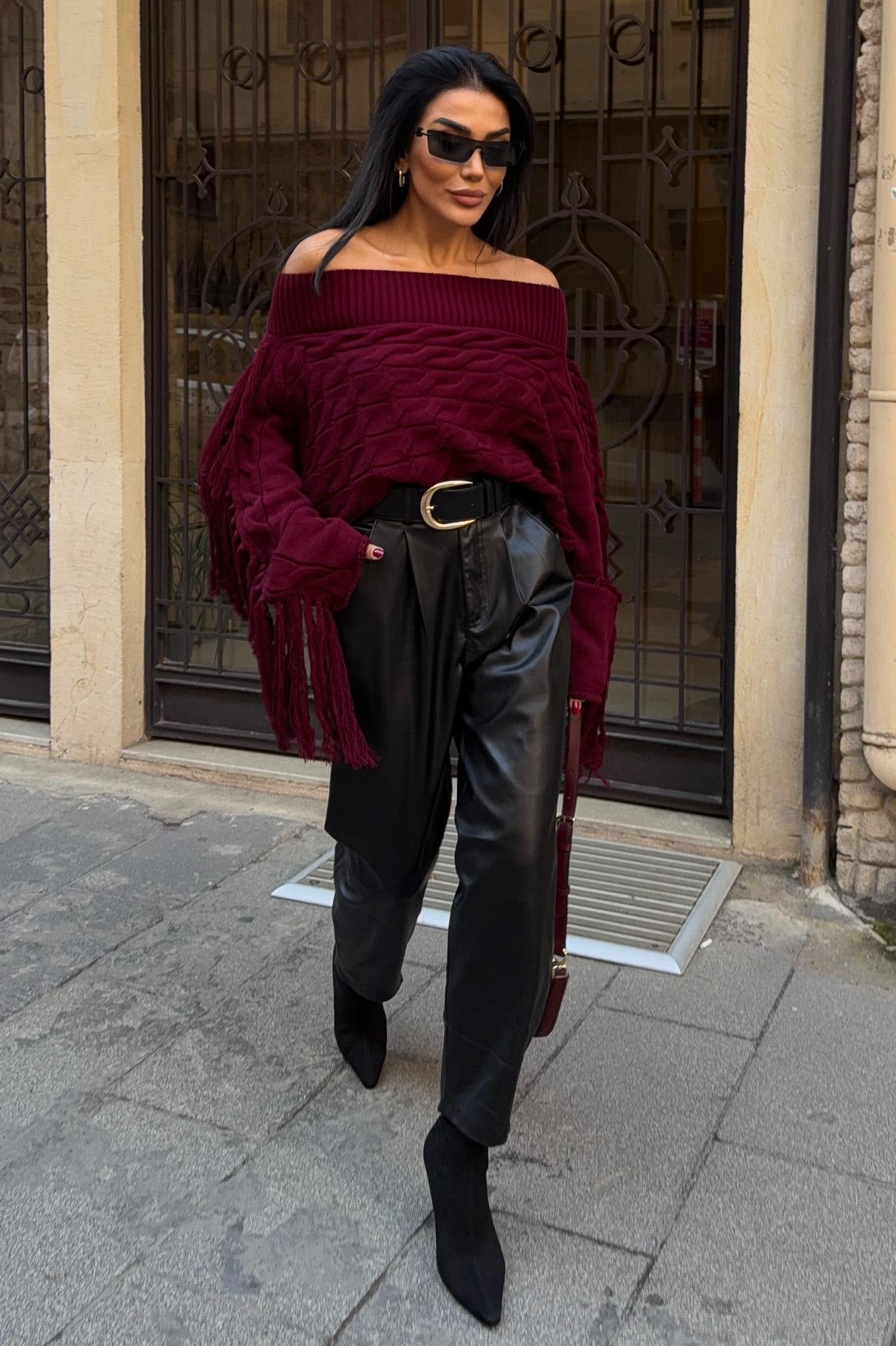 Aidan Off-Shoulder Fringe Knit Sweater – Oversized Cable Texture Chic Pullover
