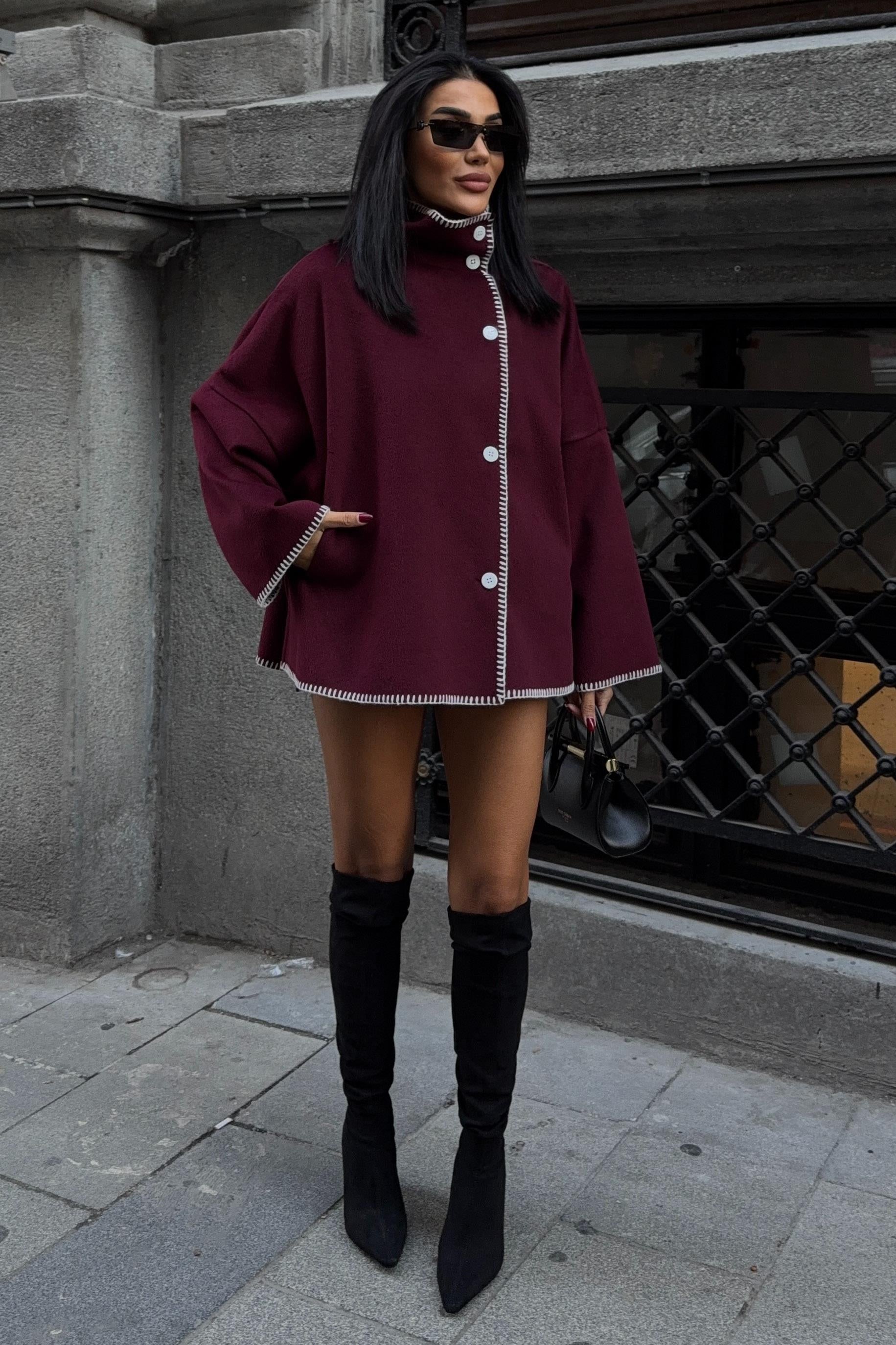 High-Neck Wool Blend Coat with Contrast Stitch Detail – Elegant Midi Length