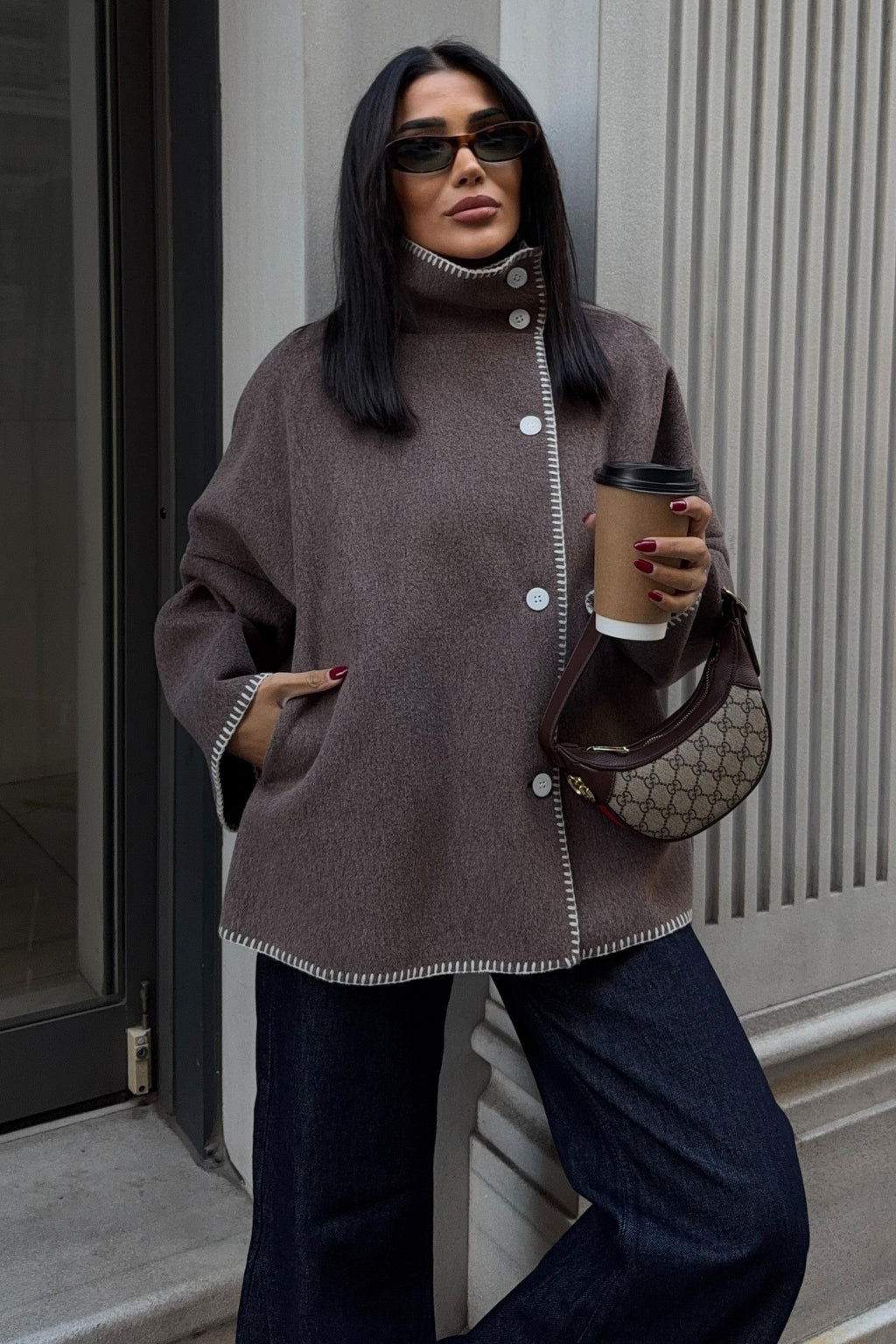 High-Neck Wool Blend Coat with Contrast Stitch Detail – Elegant Midi Length