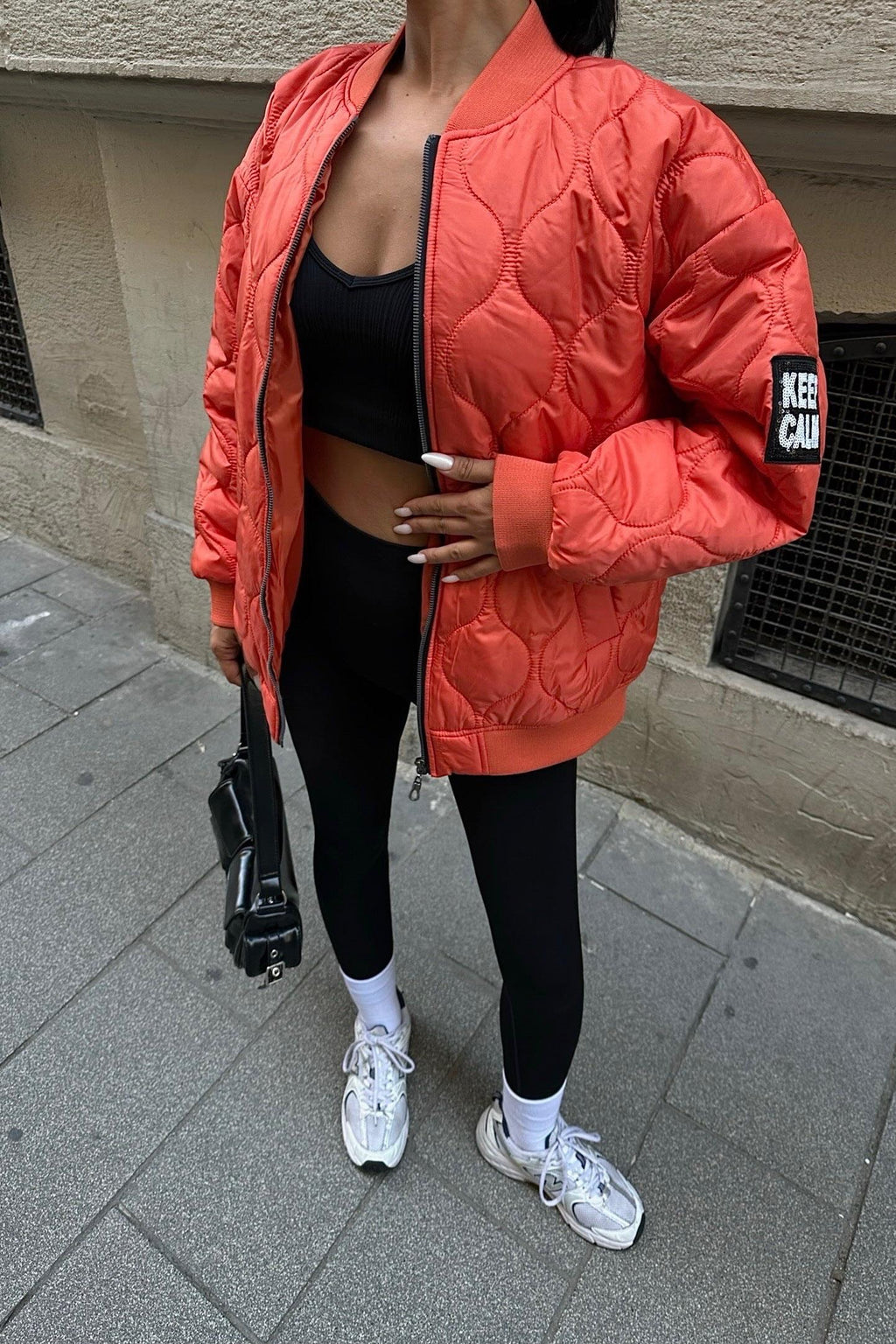 Keep Calm Oversized Quilted Bomber Jacket – Casual Streetwear Style